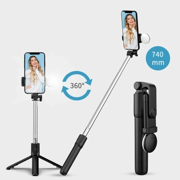  Selfie stick teleskopowy z pilotem + lampka LED stojak tripod na telefon 0.71m - czarny - zdj. dodatkowe 6