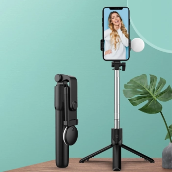  Selfie stick teleskopowy z pilotem + lampka LED stojak tripod na telefon 0.71m - czarny - zdj. dodatkowe 8