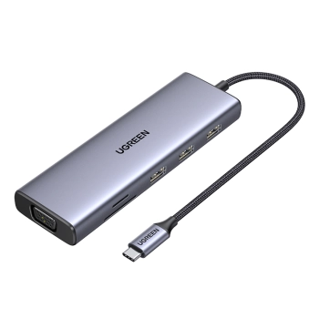 HUB Adapter USB-C - 3x USB-A 3.0 / HDMI / VGA / RJ45 / czytnik kart SD / TF / USB-C PD - szary