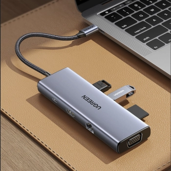  HUB Adapter USB-C - 3x USB-A 3.0 / HDMI / VGA / RJ45 / czytnik kart SD / TF / USB-C PD - szary - zdj. dodatkowe 1