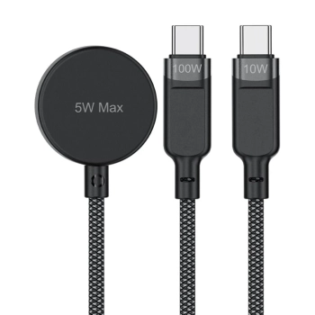  3w1 Kabel przewód USB-C - 2x USB-C / ładowarka Apple Watch Qi 480Mb/s 100W 1.2m - czarny - zdj. dodatkowe 1