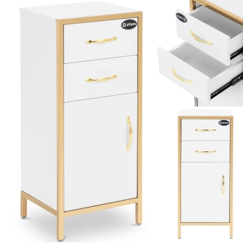 Szafka kosmetyczna fryzjerska 1 szafka 2 szuflady 30 x 35 x 80 cm - biało złota