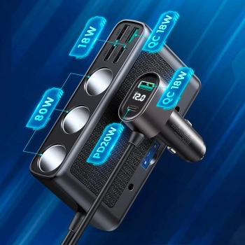  9w1 ładowarka samochodowa rozdzielacz 5x USB 1x USB-C 3x gniazdo zapalniczki PD QC czarny - zdj. dodatkowe 1