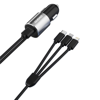  3w1 ładowarka samochodowa USB + wbudowany kabel Lightning USB-C micro USB czarny - zdj. dodatkowe 1