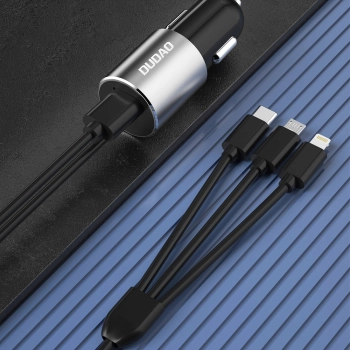  3w1 ładowarka samochodowa USB + wbudowany kabel Lightning USB-C micro USB czarny - zdj. dodatkowe 2