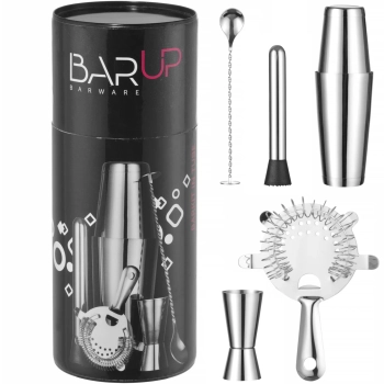 Zestaw barmański w tubie shaker jigger sitko muddler łyżka - srebrny