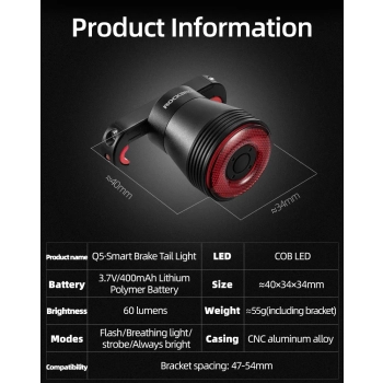  Lampka rowerowa tylna z inteligentnym systemem stop Q5 - czarna - zdj. dodatkowe 8