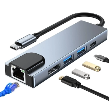  5w1 HUB rozdzielacz USB-C na USB-C USB-A HDMI RJ45 - szary - zdj. dodatkowe 1