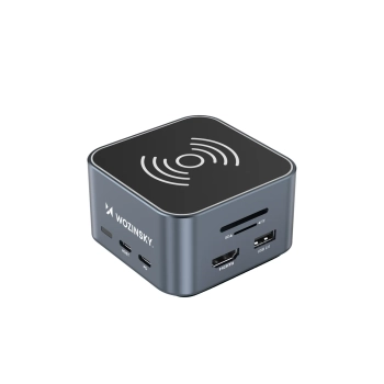 12w1 Hub z ładowarką bezprzewodową USB-A USB-C HDMI RJ45 SD TF mini jack - szary