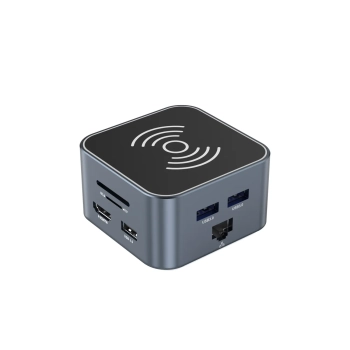 12w1 Hub z ładowarką bezprzewodową USB-A USB-C HDMI RJ45 SD TF mini jack - szary - zdj. dodatkowe 1