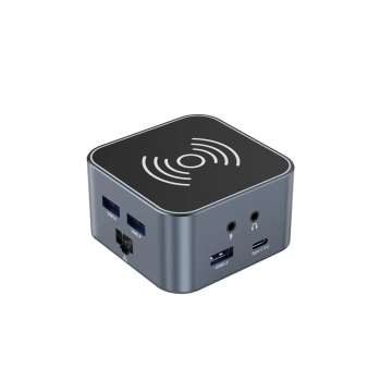  12w1 Hub z ładowarką bezprzewodową USB-A USB-C HDMI RJ45 SD TF mini jack - szary - zdj. dodatkowe 2