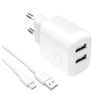 Ładowarka sieciowa 2x USB-A PROLITE 10W z kablem USB-A - USB-C 1.2m - biała
