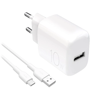 Ładowarka sieciowa USB-A PROLITE 10W z kablem USB-A - USB-C 1.2m - biała