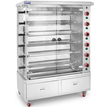 Rożen gazowy opiekacz do 30 kurczaków 6 szpikulców 2 szuflady na kółkach 40 kW