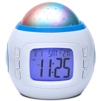  7w1 Zegar budzik z projektorem gwiazd nieba lampką nocną termometrem 10 melodii - zdj. dodatkowe 1