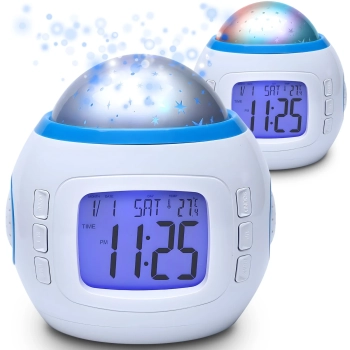  7w1 Zegar budzik z projektorem gwiazd nieba lampką nocną termometrem 10 melodii - zdj. dodatkowe 2