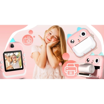  Drukarka termiczna dla dzieci z aparatem fotograficznym głośnikiem 5 gier Mini Kot 11 rolek - różowa - zdj. dodatkowe 1
