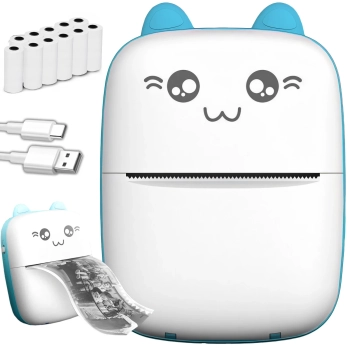 Drukarka termiczna dla dzieci do zdjęć notatek Mini Kot 11 rolek - niebieska