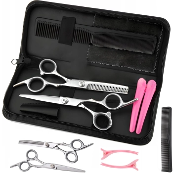 Zestaw narzędzi fryzjerskich do włosów brody w etui nożyce degażówki grzebień spinki - 7 el.