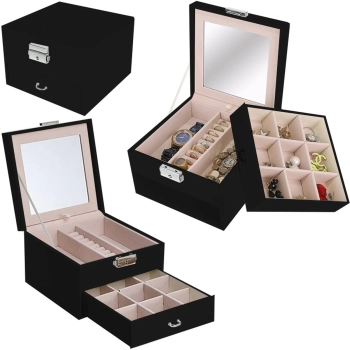 Szkatułka pudełko organizer na biżuterię z lusterkiem szufladą - czarny