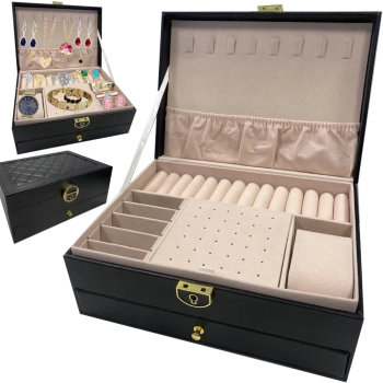 Szkatułka kuferek organizer na biżuterię zamykany na klucz - czarna