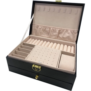  Szkatułka kuferek organizer na biżuterię zamykany na klucz - czarna - zdj. dodatkowe 2