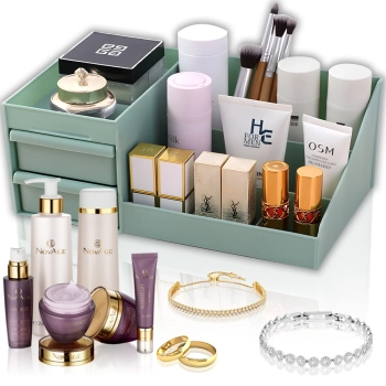  Organizer łazienkowy na kosmetyki biżuterię 2 szuflady 7 przegród - zielony - zdj. dodatkowe 1