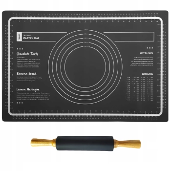 Zestaw wałek i stolnica mata silikonowa z podziałką do ciasta 60 x 40 cm - czarne
