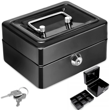 Kasetka na pieniądze bilon metalowa zamykana na klucz 15 x 12 x 8 cm - czarna