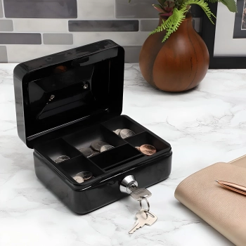  Kasetka na pieniądze bilon metalowa zamykana na klucz 15 x 12 x 8 cm - czarna - zdj. dodatkowe 3