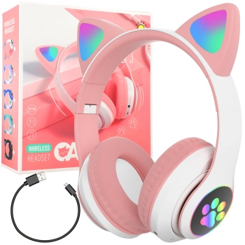  Słuchawki bezprzewodowe dla dzieci Bluetooth świecące LED RGB SD kot - biało różowe - zdj. dodatkowe 2
