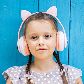  Słuchawki bezprzewodowe dla dzieci Bluetooth świecące LED RGB SD kot - biało różowe - zdj. dodatkowe 3