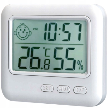 Termometr higrometr pokojowy stojący z zegarkiem budzikiem LCD