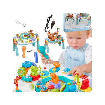 Multifunkcyjny Edukacyjny Stolik 2w1 Pianinko Ciuchcia Mikrofon Klocki Bluetooth Akumulator