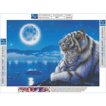 Haft Diamentowy, Obraz, Mozaika Diamentowa Diamond Painting, BIAŁE TYGRYSY W BLASKU KSIĘŻYCA 40x30cm