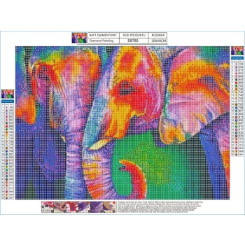 Haft Diamentowy, Obraz, Mozaika Diamentowa Diamond Painting, SŁONIE W KOLORZE 40x30cm