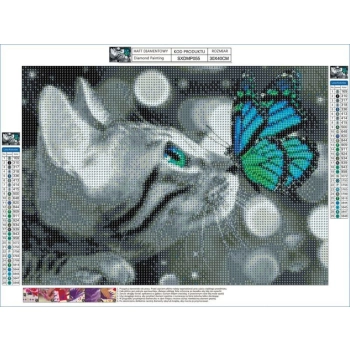Haft Diamentowy, Obraz, Mozaika Diamentowa Diamond Painting, KOT Z TURKUSOWYM MOTYLKIEM 40x30cm
