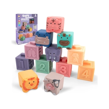Miękkie Klocki Sensoryczne Zwierzęta, Figury geometryczne, Cyfry 12 sztuk, Edukacyjny zestaw klocków dla malucha