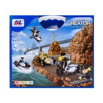Klocki Konstrukcyjne 161 El. POLICJA, ZESTAW POLICYJNY, Motocykl, Ponton, Samochód Do Rozkręcania I Skręcania 8w1