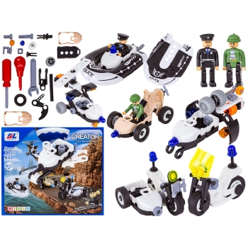 Klocki Konstrukcyjne 161 El. POLICJA, ZESTAW POLICYJNY, Motocykl, Ponton, Samochód Do Rozkręcania I Skręcania 8w1