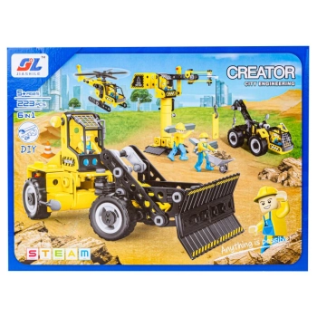 Klocki Konstrukcyjne 223 El. Maszyny, Pojazdy Budowlane, Spych, Helikopter, Dźwig Do Rozkręcania I Skręcania 6w1