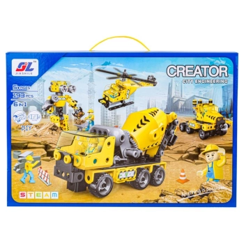Klocki Konstrukcyjne 193 El. Maszyny, Pojazdy Budowlane, Ciężarówka, Betoniarka, Helikopter Do Rozkręcania I Skręcania 6w1