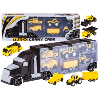 Czarna Ciężarówka, Transporter + Auta, Otwierana Laweta, Pojazdy Budowlane, Traktor, Jeep 6w1