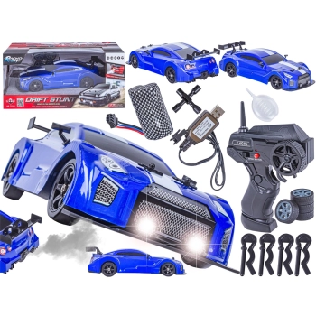 DUŻY Samochód Do Driftu Auto RC Drift 1:16 2,4 GHz PARA DYM 4WD Niebieski Nissan GTR LED