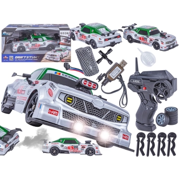 DUŻY Samochód Do Driftu Auto RC Drift 1:16 2,4 GHz PARA DYM Srebrny Dodge 4WD LED