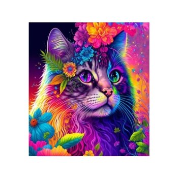 Haft Diamentowy, Obraz, Mozaika Diamentowa Diamond Painting, KOTEK W KOLOROWYCH KWIATACH 30x40cm