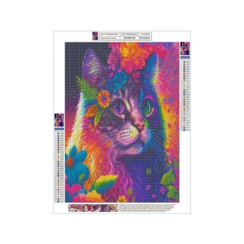 Haft Diamentowy, Obraz, Mozaika Diamentowa Diamond Painting, KOTEK W KOLOROWYCH KWIATACH 30x40cm