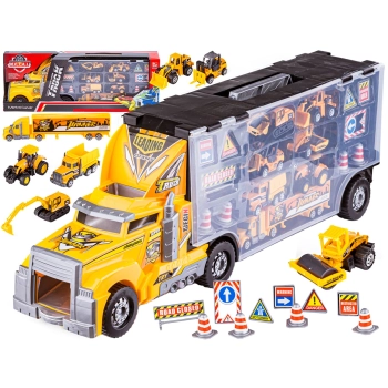 Ciężarówka, Transporter + Auta, Otwierana Laweta, Pojazdy Budowlane 8w1, Światło, Dźwięk