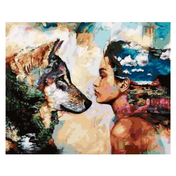 OBRAZ MALOWANIE PO NUMERACH RAMA 50x40cm SPOJRZENIE - WILK I KOBIETA