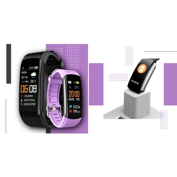 Smartband Giewont Czarny GW200-8 + Pasek Jasnofioletowy